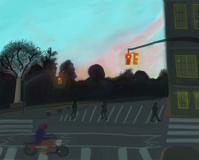 Orange Scooter,Grand Army Plaza, Brooklyn, 2016 (dessiné à la main sur un iPad avec un Apple pencil) - Evan Sklar