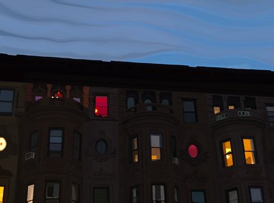 Row Houses with Colorful and Illuminated Windows, Brooklyn (art numérique) - Evan Sklar