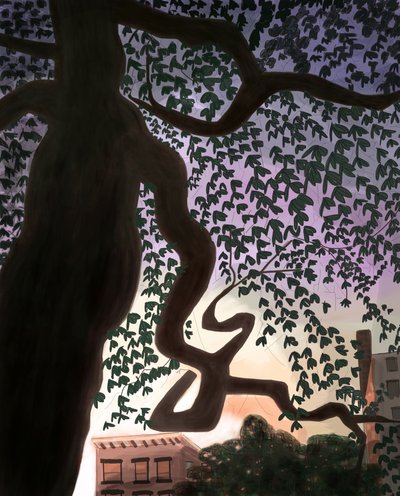 Arbre et avenue au crépuscule, 2016 (dessiné à la main sur un iPad avec un crayon Apple) - Evan Sklar