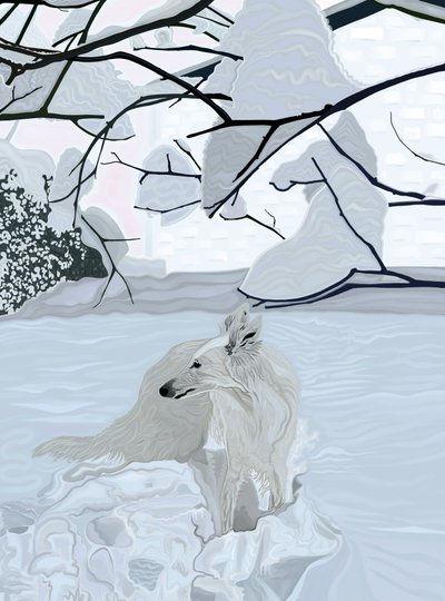 Chien blanc dans la neige (art numérique) - Evan Sklar