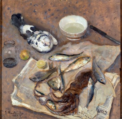 Nature morte Poisson et pigeon - Evasio Montanella