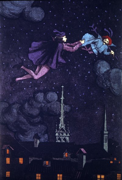 Illustration pour le roman « Le Diable boiteux » par Alain René Lesage (Alain-René Le Sage) (1668-1747) (1707). Dessin de E.Torrent, vers 1930. - Evelio Torrent
