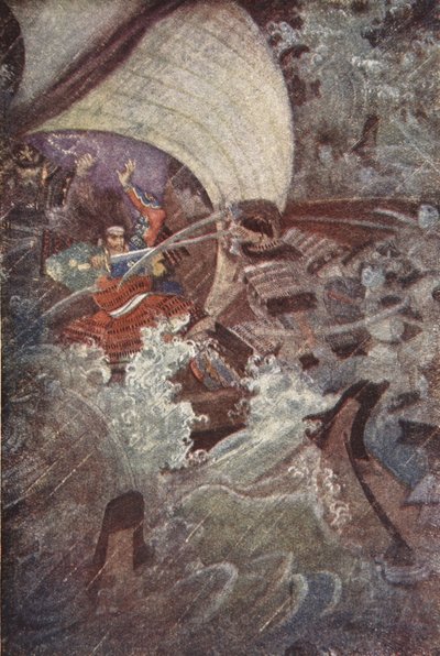 Yoshitsune et Benkei attaqués par une compagnie fantomatique du clan Taira, illustration de 