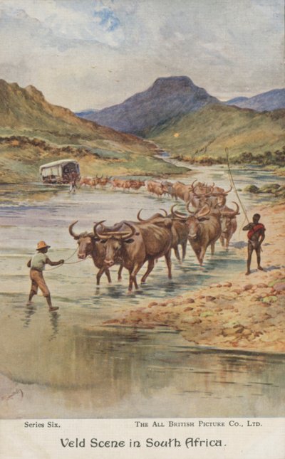 Fermiers conduisant du bétail, Afrique du Sud (lithographie en couleur) - Evelyn Stuart Hardy