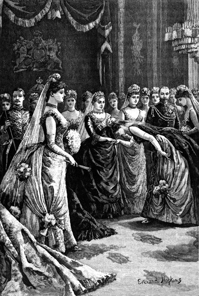 La reine Victoria accueille des invités dans un salon du palais de Buckingham, fin du XIXe siècle, 1900 - Everard Hopkins