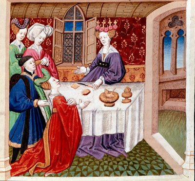 Iseut implore la protection de la reine Guenièvre assise à sa table - Everard de Espinques