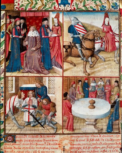 Le roi Arthur tenant cour, Lancelot conduit par une dame à l