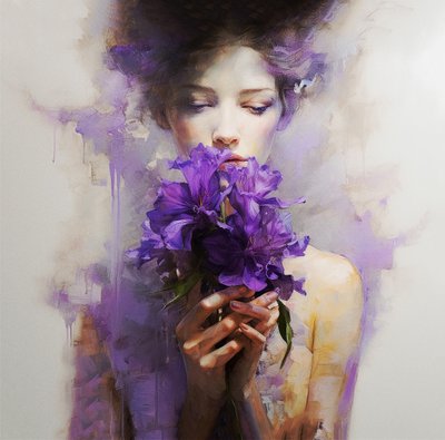 Une belle femme portant des fleurs violettes abstraites - F. Abderrahim