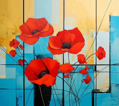 Abstrait Mondrian, peinture de coquelicots, art mural | Impressions sur toile - F. Abderrahim