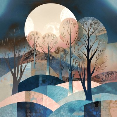 Peinture abstraite Moonglow, grande lune, bleu rose crème, impression d