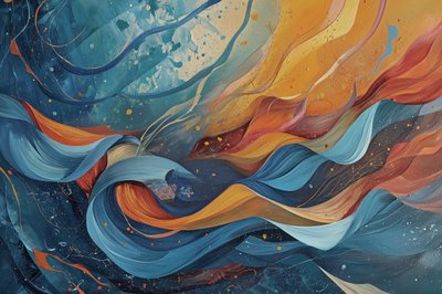 Peinture abstraite en vagues de bleu, orange et jaune - F. Abderrahim