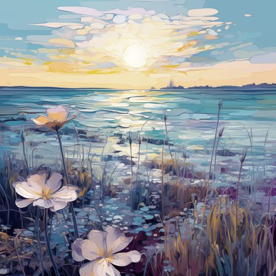Fleurs violettes abstraites dans un lac bleu - F. Abderrahim