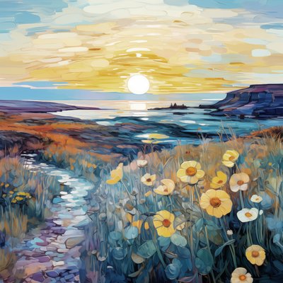 Fleurs violettes abstraites dans un paysage au lever du soleil - F. Abderrahim