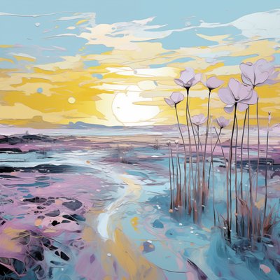 Fleurs violettes abstraites dans un paysage au coucher du soleil - F. Abderrahim