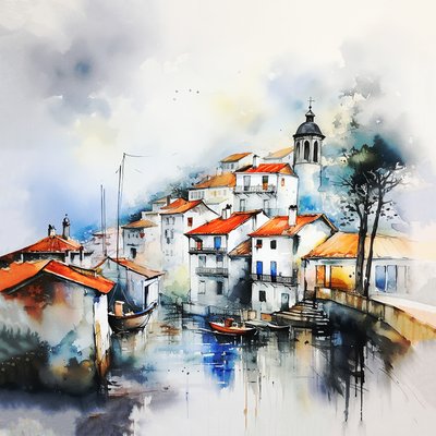 Paysage Aquarelle Abstrait, Peinture de Village et Rue, Décoration pour Salon et Hall - F. Abderrahim