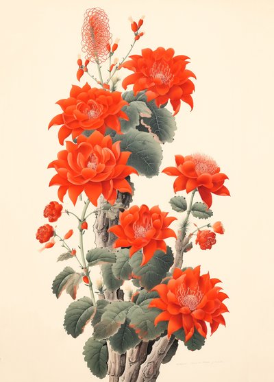 Cactus abstrait avec des fleurs, estampe japonaise - F. Abderrahim