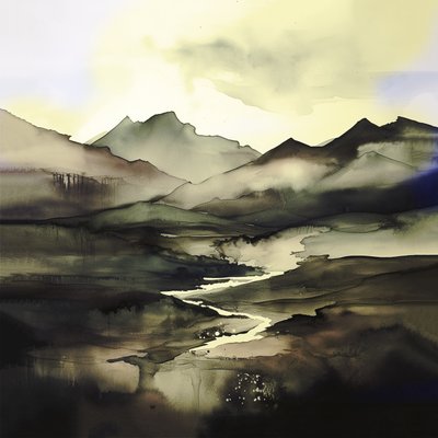 Paysage Abstrait Aquarelle Violet Foncé et Bleu | Impressions sur Toile - F. Abderrahim