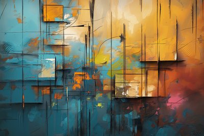 Peinture acrylique sur toile, bleu, orange et jaune - F. Abderrahim