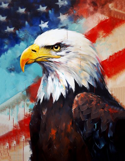 Aigle Américain, Drapeau des États-Unis en Arrière-Plan, Peinture à l