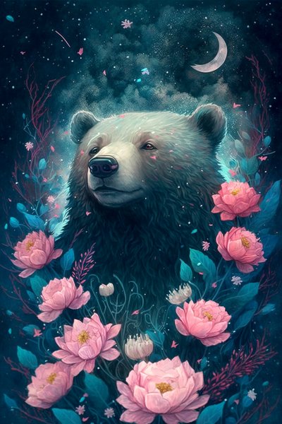 Ours dans une scène de rêve fantastique entouré de fleurs - F. Abderrahim