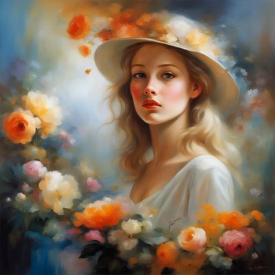 Femme dans un paysage avec des fleurs - F. Abderrahim