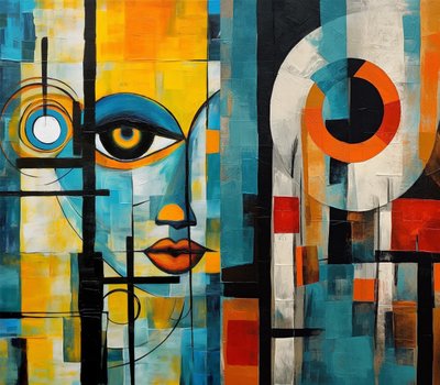 Belle peinture cubiste, visage féminin en couleurs vives - F. Abderrahim