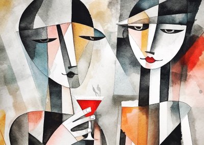 Couple buvant du vin dans un restaurant, impression sur toile et murale - F. Abderrahim