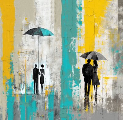 Jour de pluie romantique, couple amoureux sous un parapluie, impressions d