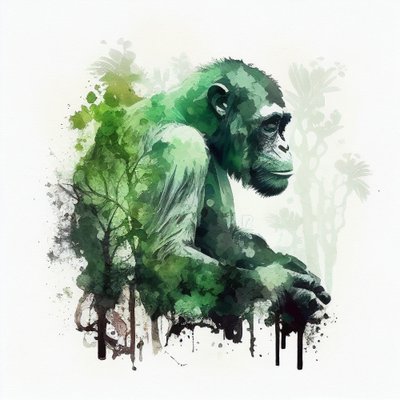 Singe de la jungle, chimpanzé, double exposition aquarelle - F. Abderrahim