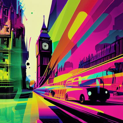 dessin surréaliste coloré de Londres, abstraction comique, art mural - F. Abderrahim