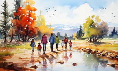 Promeneurs dans la nature, paysage de montagnes, arbres et eau - F. Abderrahim