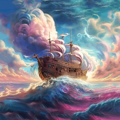 Navire naviguant dans les nuages abstraits, ciel surréaliste - F. Abderrahim