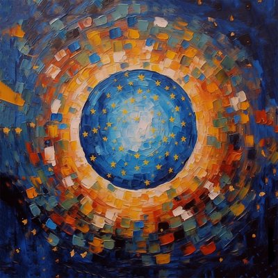 Peinture mosaïque de coucher de soleil, bleu et orange - F. Abderrahim