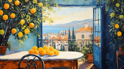 Art naïf abstrait, fenêtre sur paysage - F. Abderrahim