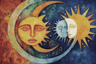 Le soleil et les visages de la lune, peinture abstraite - F. Abderrahim