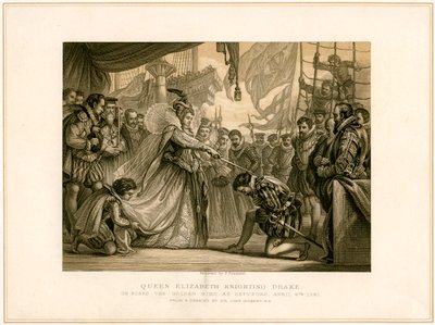 La reine Elizabeth adoubant Drake à bord du Golden Hind - F Fraenkel