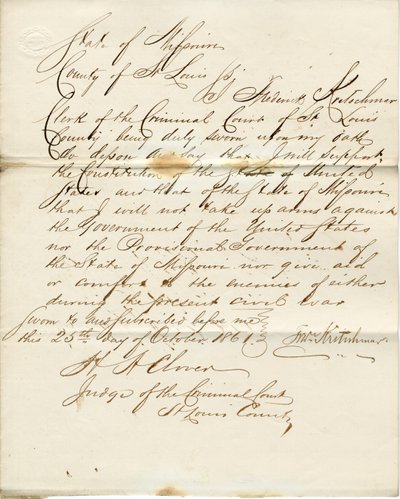 Serment de loyauté de Frederick Kretschmar, État du Missouri, Comté de St. Louis - F. Kretschmar