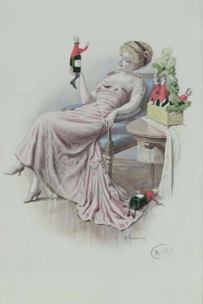 Carte postale représentant une femme avec des bouteilles de champagne en forme d