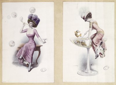 Cartes postales représentant une femme soufflant des bulles et pêchant dans un verre de champagne, vers 1900 (lithographie en couleur) - F. Kuderna