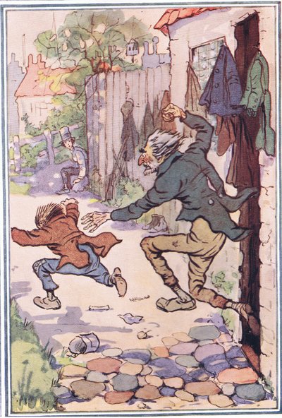 Il se précipitait hors de la boutique après eux et les envoyait voler, illustration de David Copperfield, 1914 - F. M. B. Blaikie