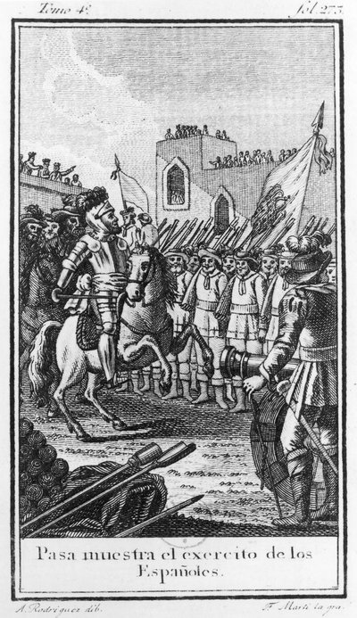 Hernando Cortes (1485-1547) passant en revue ses troupes, gravé par Antonio Rodriquez - F. Marti