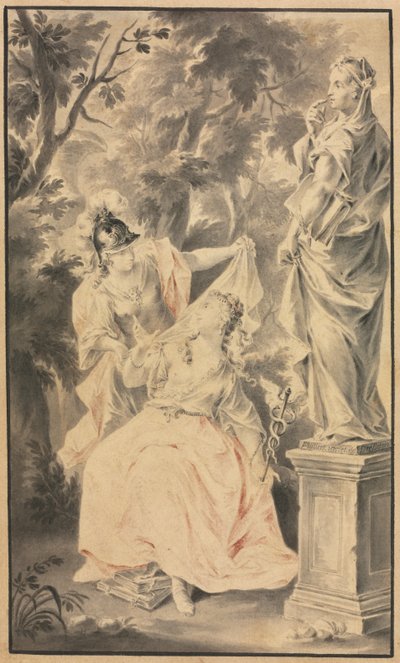 Scène allégorique : Couple devant une statue, 1700s - F. Muller