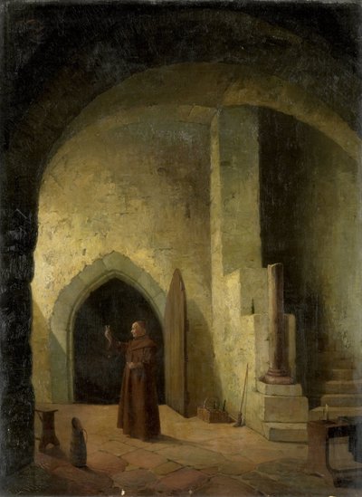 Un moine avec un verre à la main dans une cave - F. Taupel
