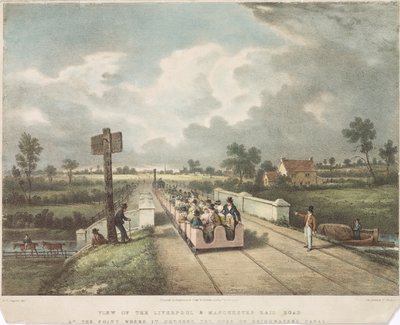Vue du chemin de fer Liverpool & Manchester au point où il traverse le canal du duc de Bridgewater, gravé par A.B. Clayton, 1831 - F. after Nicholson