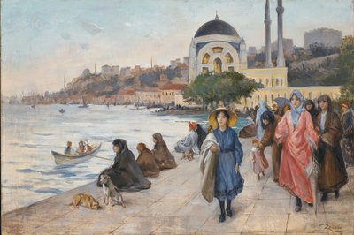 Mafalda sur les rives du Bosphore, la mosquée Dolmabahce en arrière-plan - Fausto Zonaro