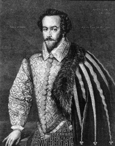 Portrait de Sir Walter Raleigh (1554 - 1618), navigateur, courtisan et écrivain anglais. Gravure d