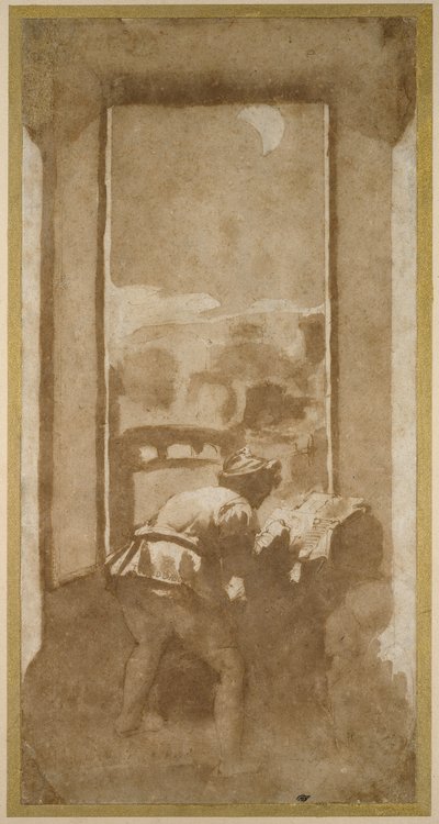 Homme dessinant au clair de lune depuis la fenêtre d