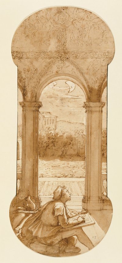 Taddeo copiant les fresques de Raphaël dans la loggia de la Villa Farnesina, où il est également représenté endormi - Federico Zuccaro