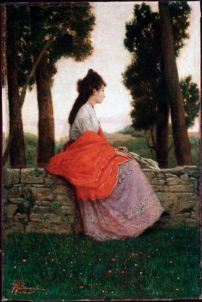 Jeune femme attendant quelque chose, assise sur un petit mur - Federigo Zandomeneghi