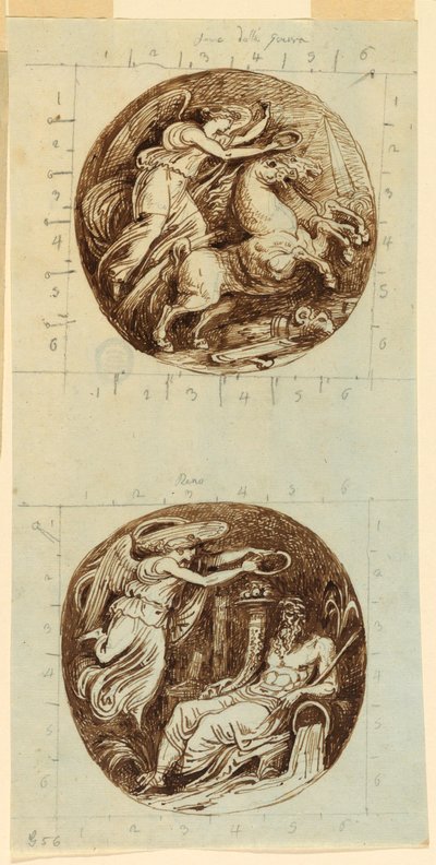 Dessin, Victoire ailée chevauchant un char ; Victoire ailée couronnant un dieu de la rivière, Reno ; deux rondeaux, vers 1805 - Felice Giani